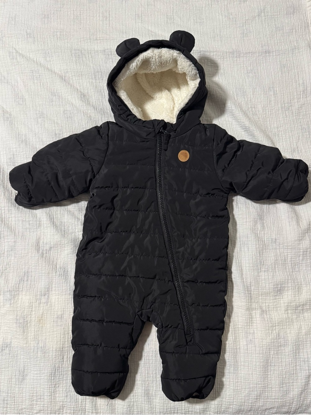 Black Hooded Puffer One-Piece Snowsuit for Babies